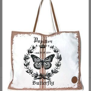 Le Papillon-Butterfly-white/beige pink striped canvas/leather tote NWT LAST1!!!